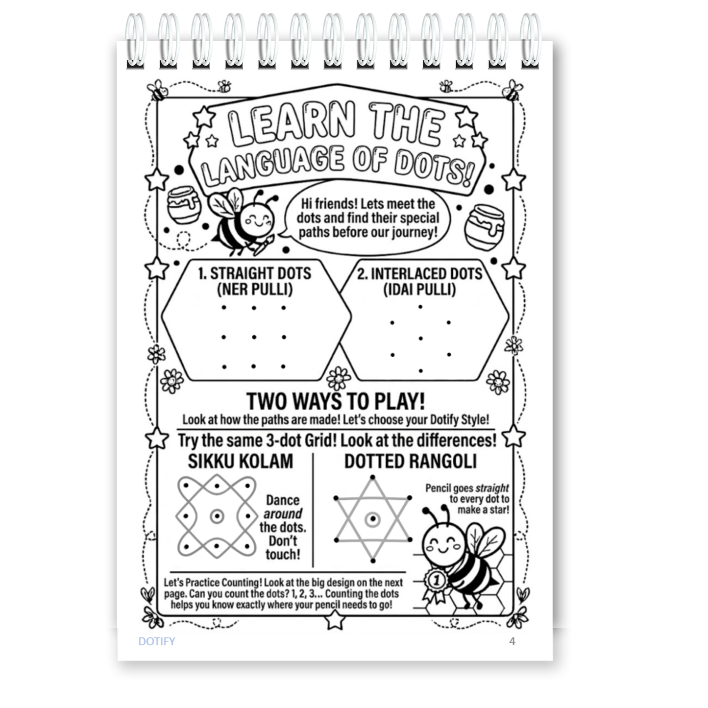 Little Dots of Joy Volume 1 | Bee-Themed Step-by-Step Kolam Learning Workbook for Kids | Trace, Draw, Practise & Colour