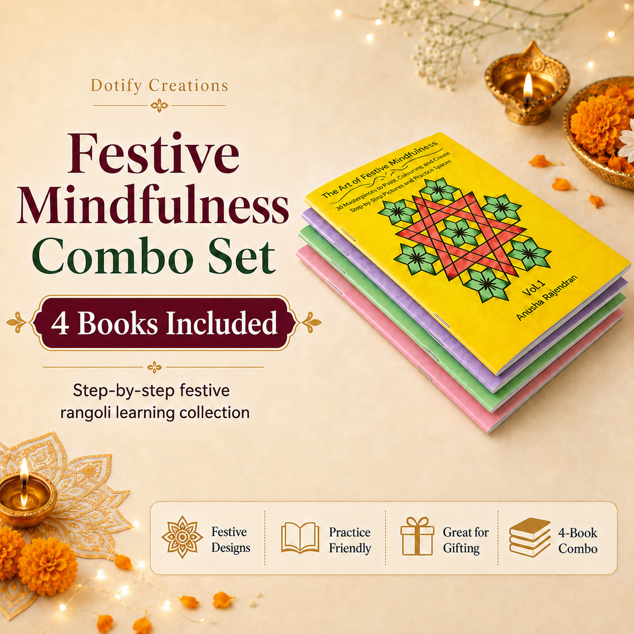 The Art of Festive Mindfulness Complete Set (Vol. 1-4): Master Grand 11-19 Dot Kolams