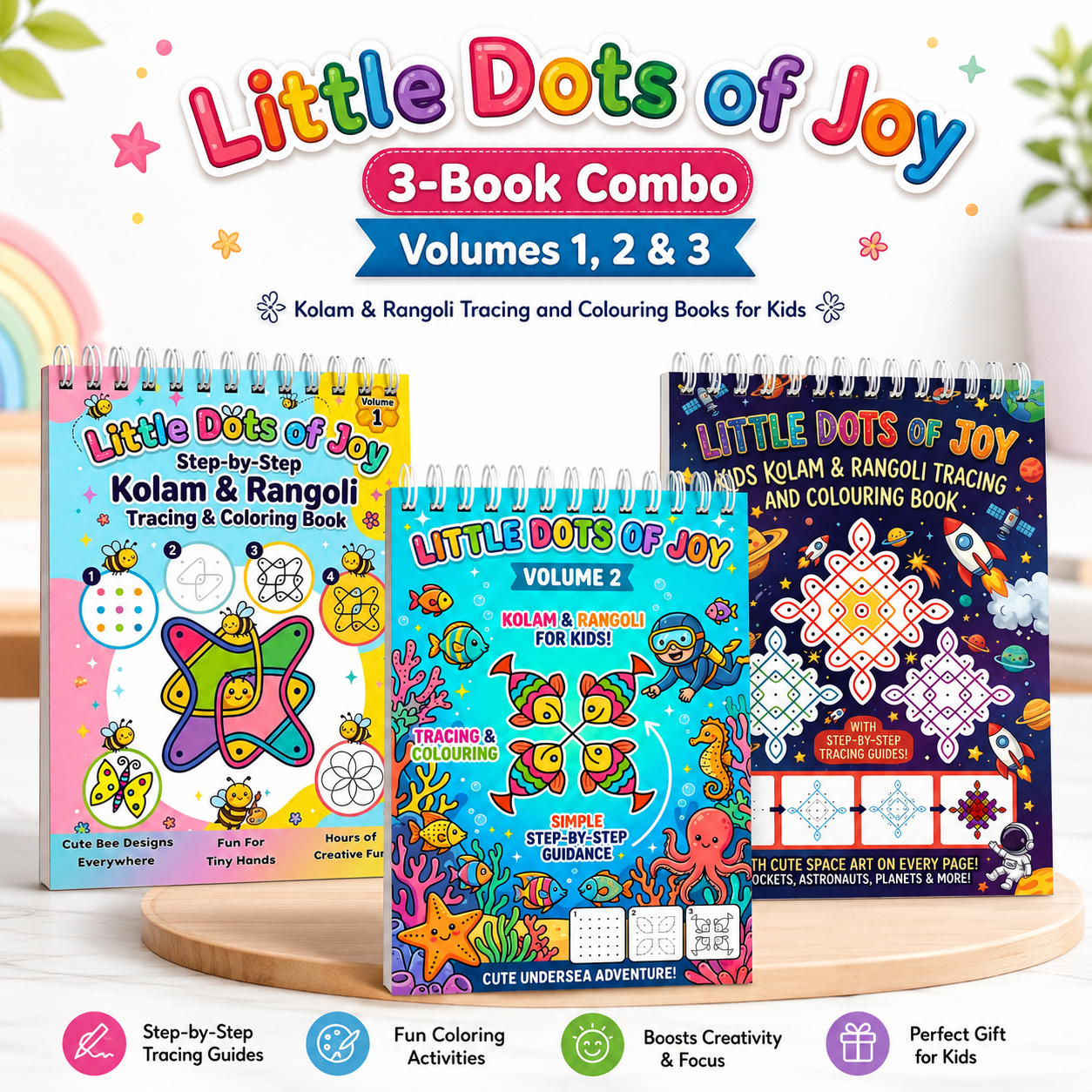 Little Dots of Joy Complete 3-Book Combo | Bee, Ocean & Space-Themed Step-by-Step Kolam Learning Workbooks for Kids | Trace, Draw, Practise & Colour