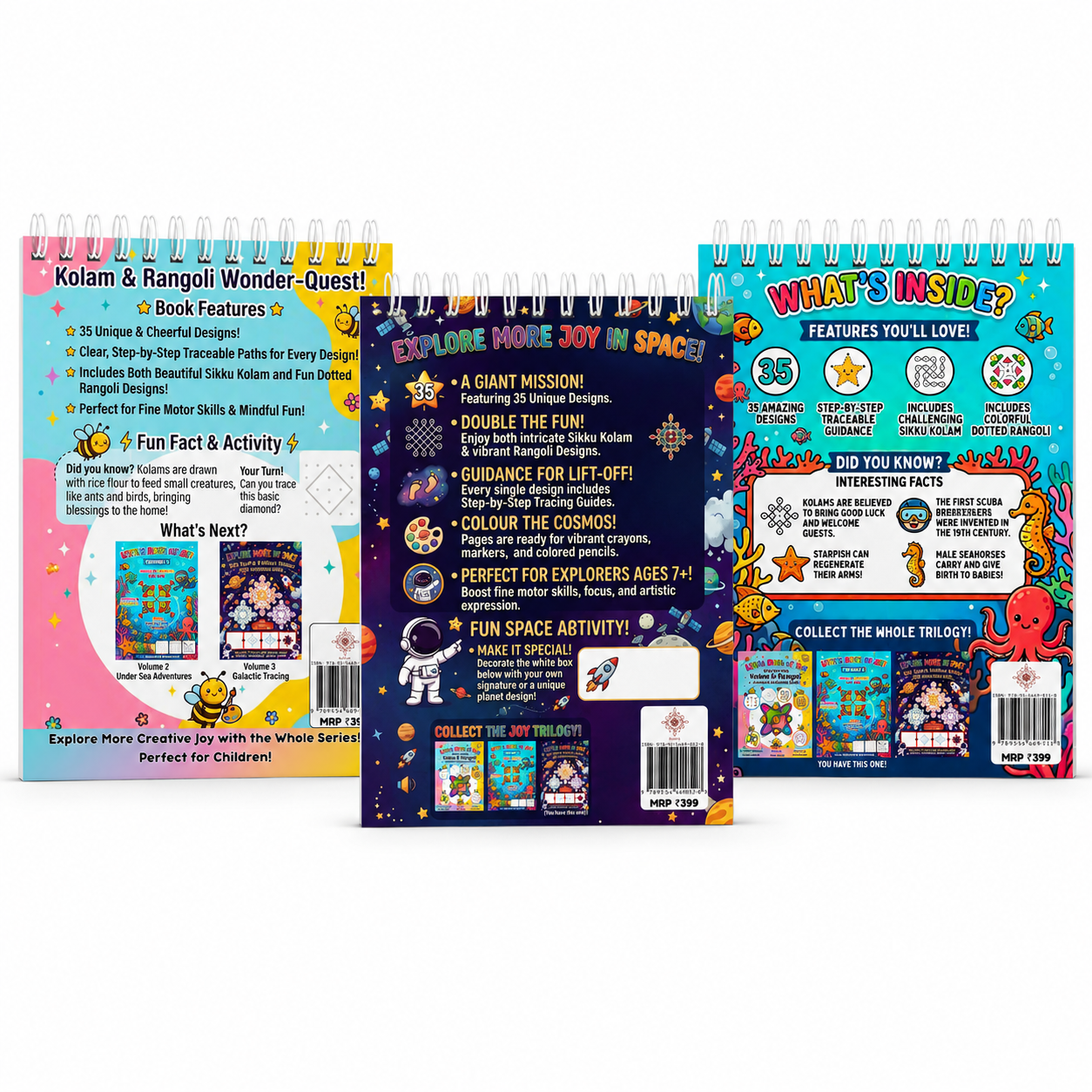 Little Dots of Joy Complete 3-Book Combo | Bee, Ocean & Space-Themed Step-by-Step Kolam Learning Workbooks for Kids | Trace, Draw, Practise & Colour