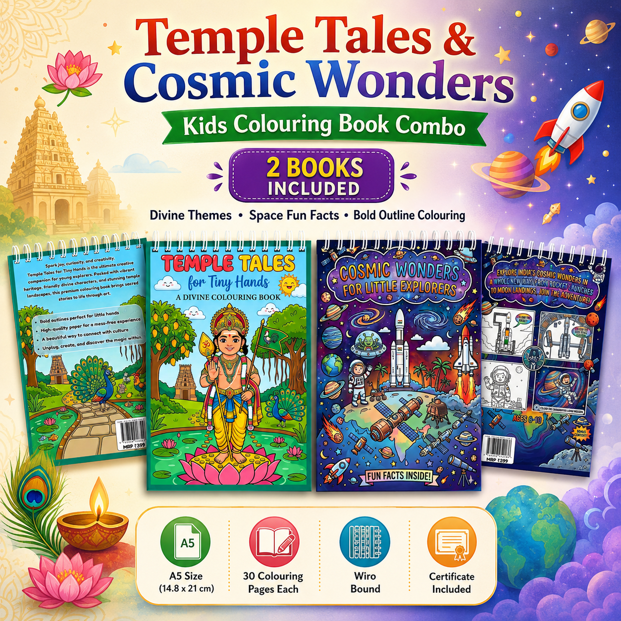 Temple Tales & Cosmic Wonders – Kids Colouring Book Combo | Indian Culture, ISRO & Space | A5 Wiro Bound