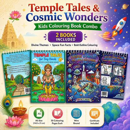Temple Tales & Cosmic Wonders – Kids Colouring Book Combo | Indian Culture, ISRO & Space | A5 Wiro Bound