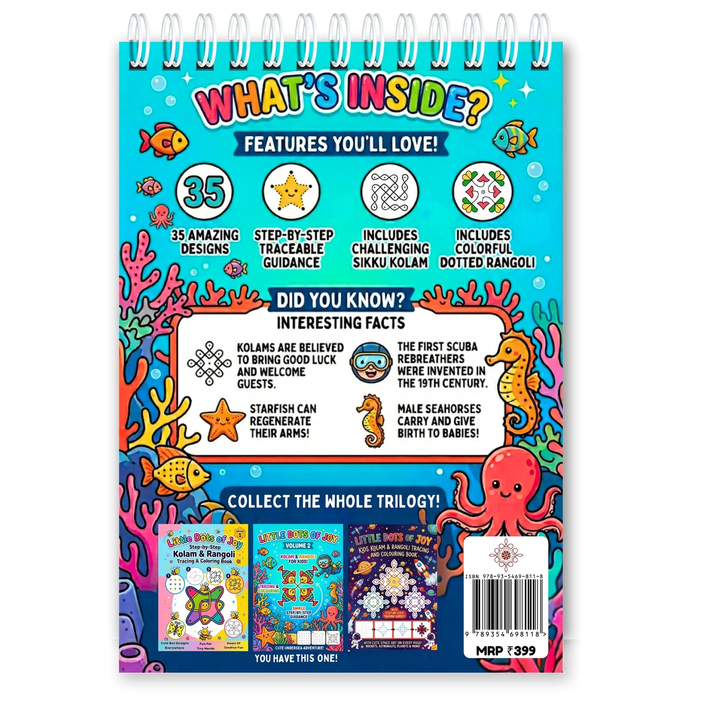 Little Dots of Joy Volume 2 | Ocean-Themed Step-by-Step Kolam Learning Workbook for Kids | Trace, Draw, Practise & Colour